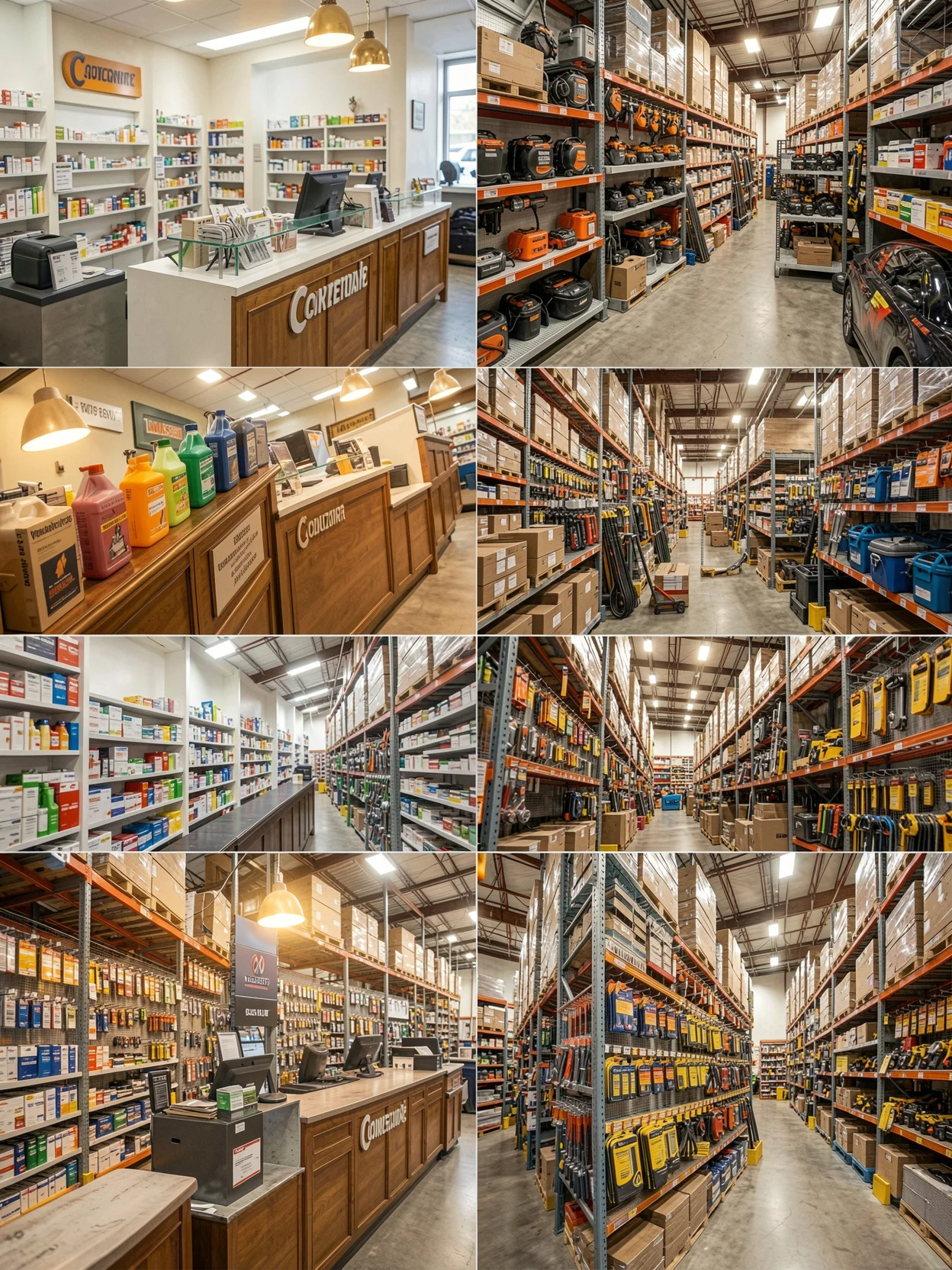 Professional construction-materials distributor — pro desk, warehouse aisles, and counter service