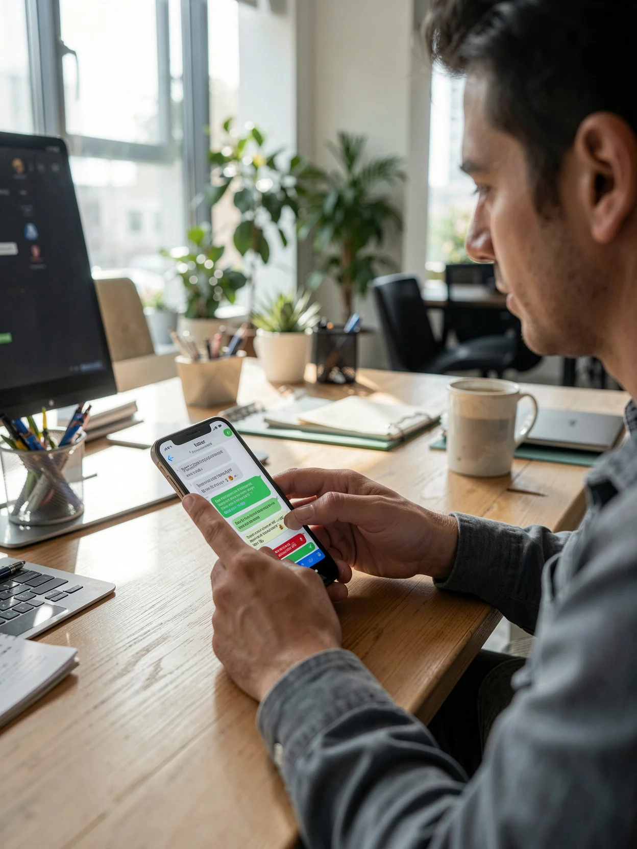 Commercial staff member using a messaging app to query inventory and pricing on the go