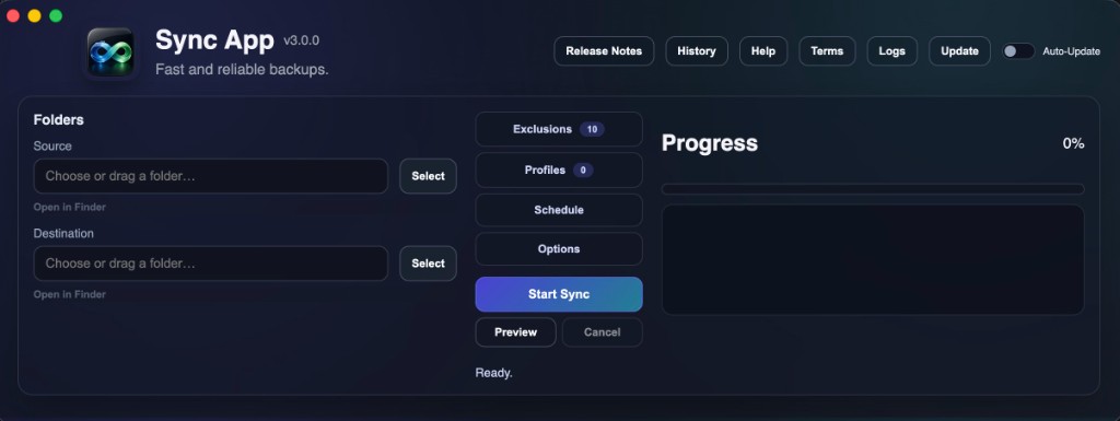 Sync App v3.0 main interface with dark theme, 3-column layout, exclusions, profiles, scheduling, and progress
